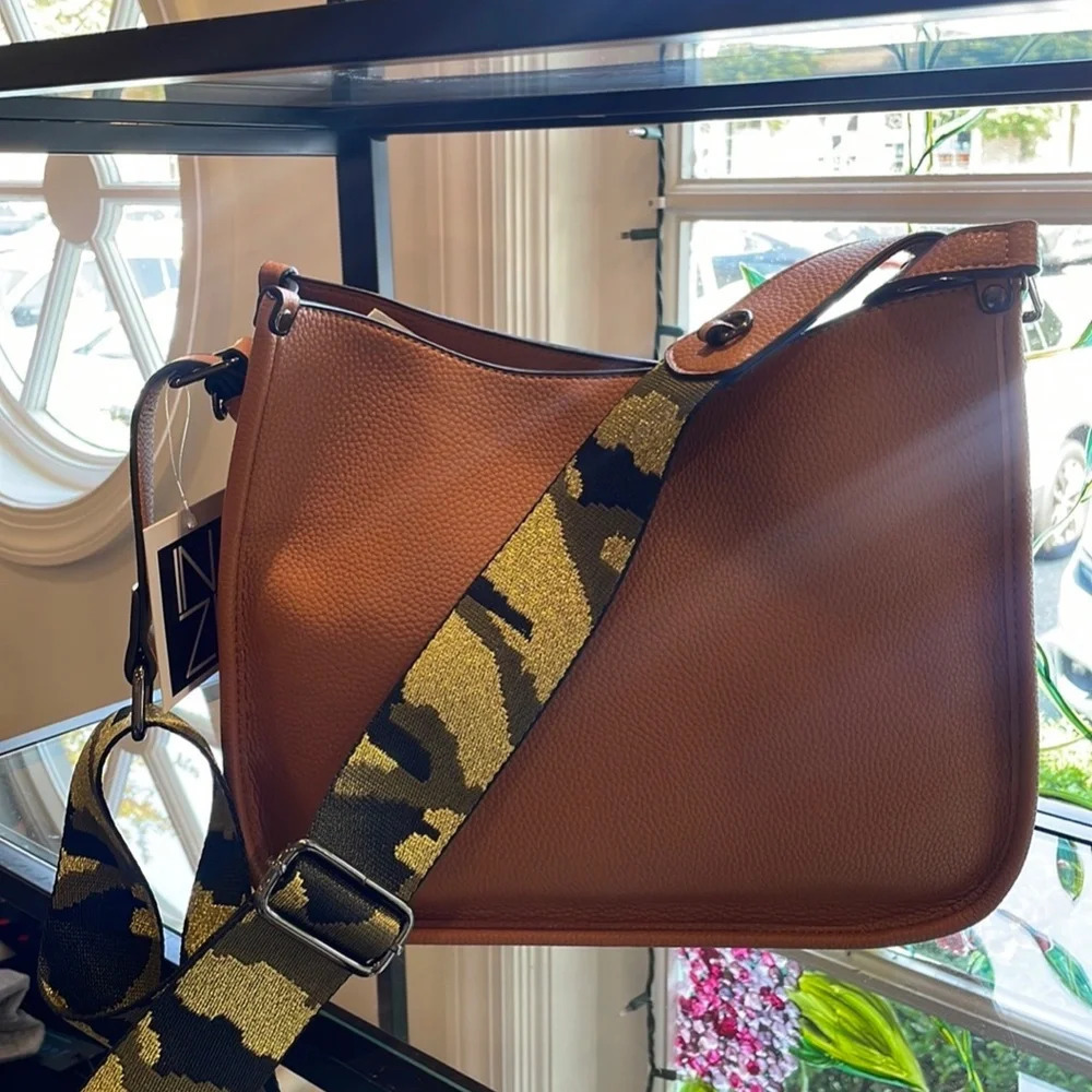 Leather Shoulder Bag with Camouflage Strap - Brown